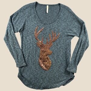 Bo Bel Waffle Knit Top Womens S Blue Sequin Deer Head Long Sleeve Shirt‎ Buck